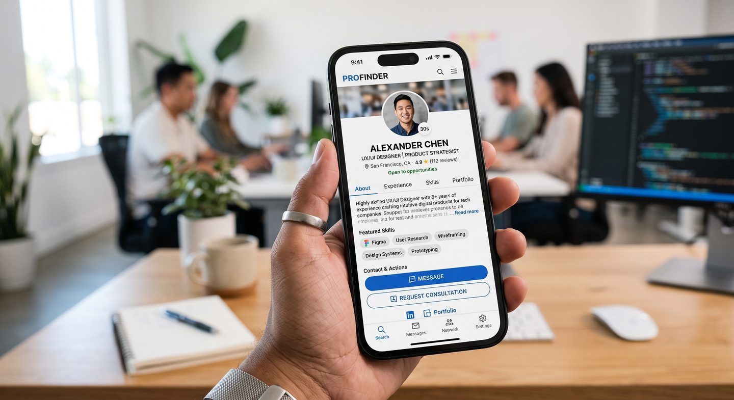 A person browsing a tax professional profile on a phone in an office